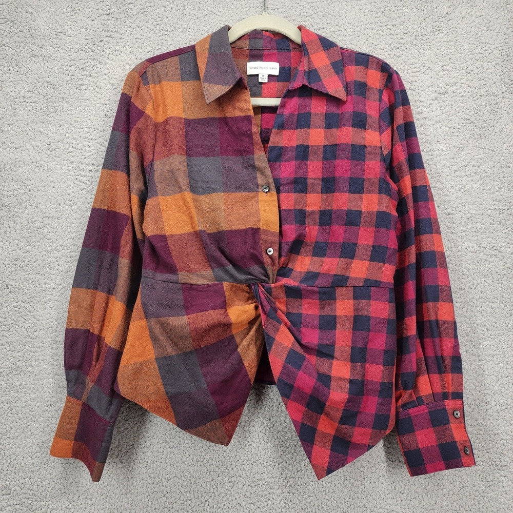 Something Navy Mixed Plaid Front Knot Button Down Shirt Buffalo Check Medium‎